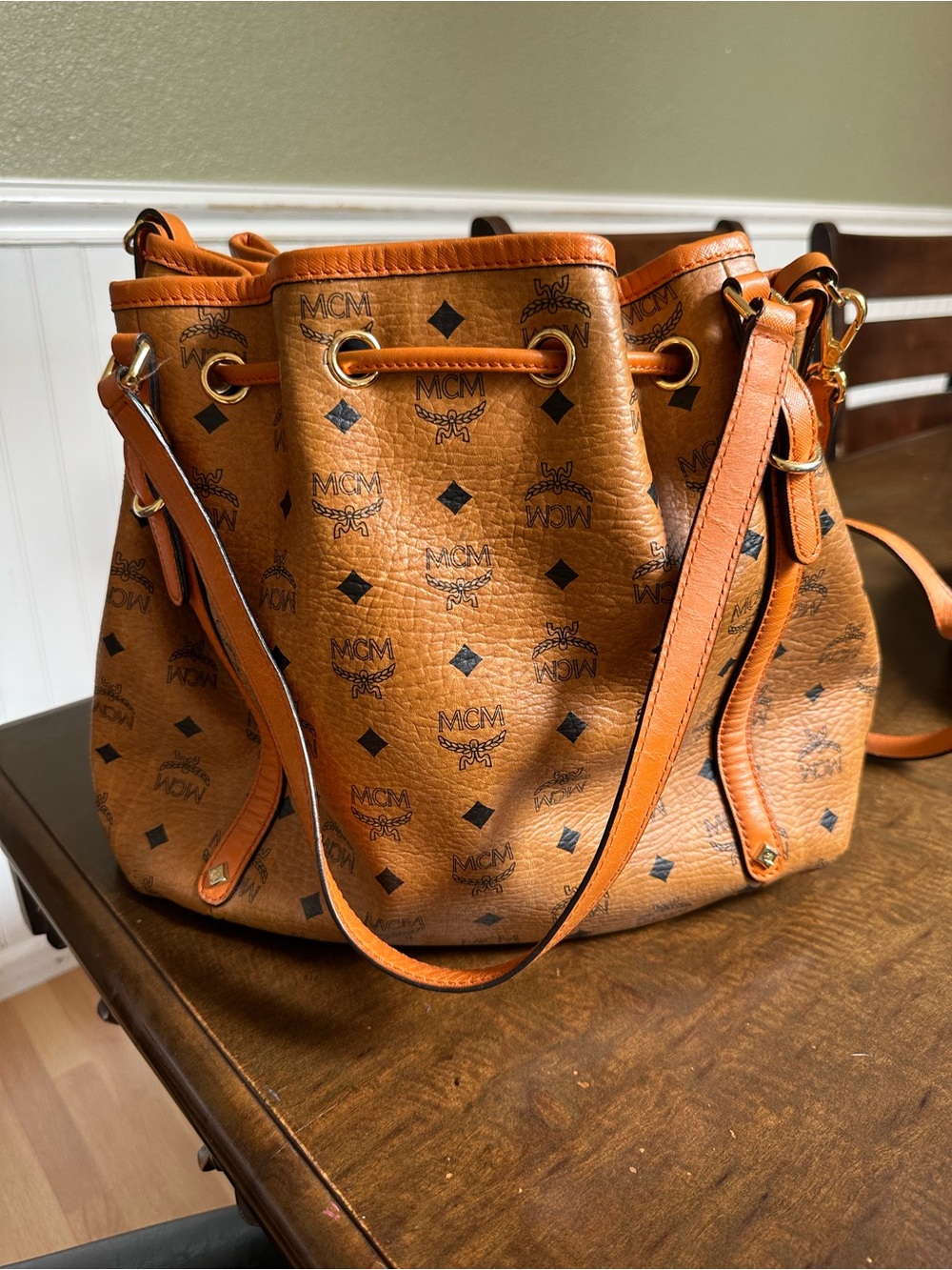 MCM Cognac Visetos Drawstring Bucket Shoulder Bag with Gold Hardware - Picture 2 of 4